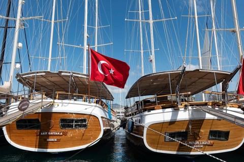 Bodrum, Turkey. April 22nd 2022 Yachts moored in the historical port of Bodrum, Mugla, along the