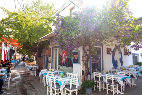 Bodrum, Mugla, Turkey. April 23rd 2022 Charming side streets with cute and trendy cafes and