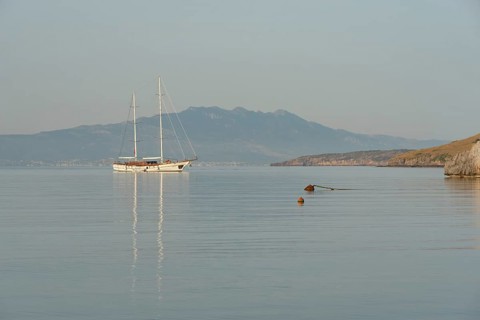 Bodrum, Turkey. April 22nd 2022 Stunning calm seascape with a luxury yacht moored at the Gulf of