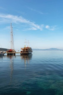 Bodrum, Mugla, Turkey. April 21st 2022 Gorgeous cool morning sunlight on yachts moored in Bodrum