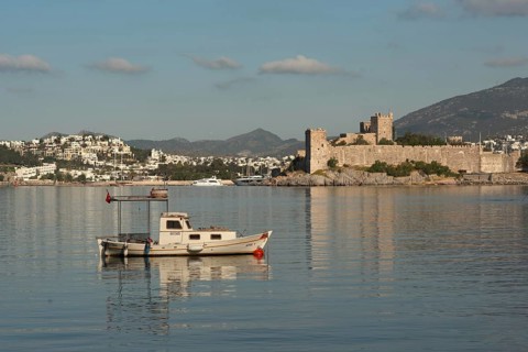 Bodrum, Turkey. April 22nd 2022 Beautiful scenic landscape view of Bodrum Castle and harbour,