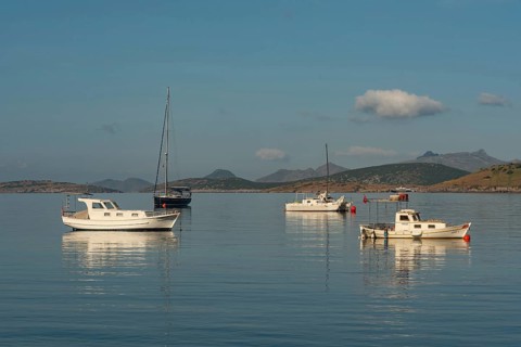 Bodrum, Turkey. April 22nd 2022 Lovely calm morning scenic view of boats moored in Bodrum harbour,