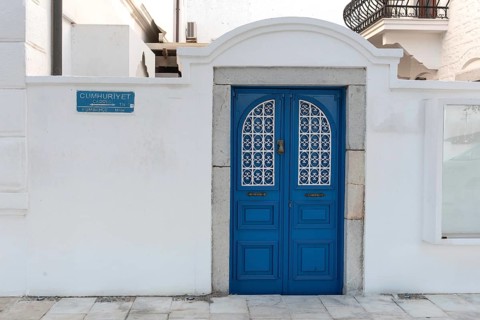 Bodrum, Mugla, Turkey. April 22nd 2022 Beautiful traditional blue door in the Aegean seaside town