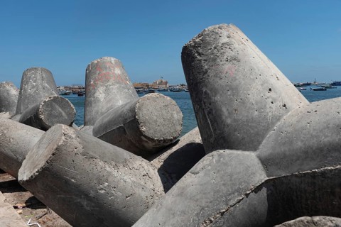Huge concrete bollards placed on the Mediterranean Sea front on Alexandria to protect against