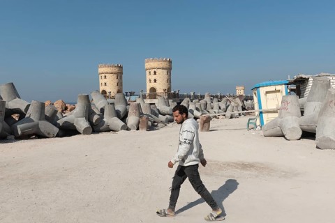 Alexandria, Egypt. December 2nd 2022 Construction work and large concrete bollards designed for