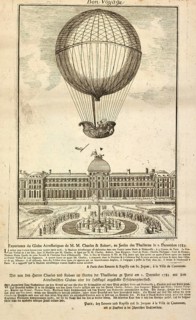 Copper engraving depicting the famous rise of the hydrogen balloon developed by Jacques Charles and