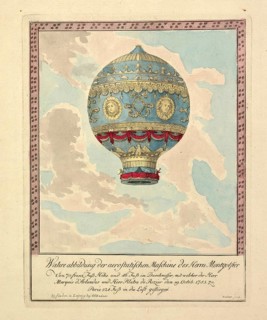 The picture shows a historic moment in aviation: the first manned free flight in a hot air balloon.
