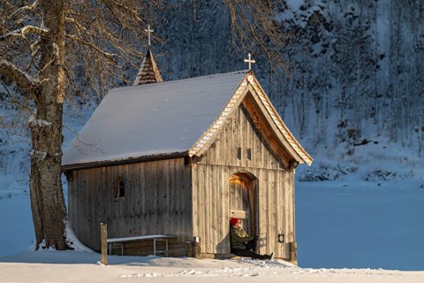 Copper chapel in winter, Hochgallzein, Gallzein, Tyrol, Austria