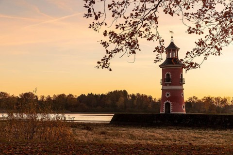 Lighthouse at Fasanenschlösschen in Moritzburg at sunrise, Saxony, Germany