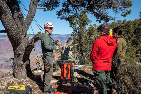 Grand Canyon National Park, Arizona. National Park Service employees practice rescue techniques on