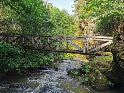 A wooden bridge stretches across a wild river, surrounded by rocks and dense forest at the