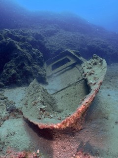 An old shipwreck is lying on the ocean floor. Fraskeric dive site, Stoja, Pula, Croatia,
