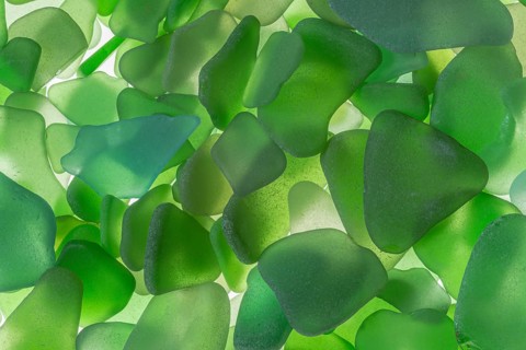Green broken glass cut by the sea, sea glass, sea glass, beach glass from the North Sea