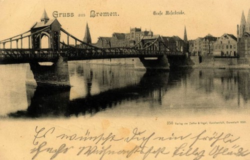 Historical postcard around 1900, Bremen, Weserbrücke, Germany, reproduction of a postcard,