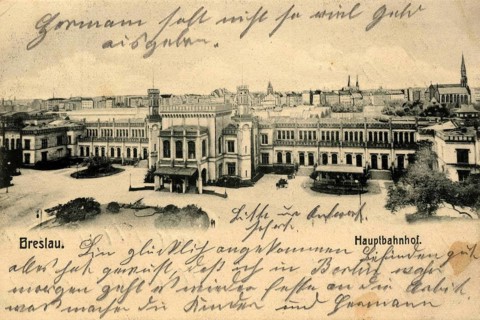 Historical postcard around 1900, Wroclaw main station, today Wroclaw, Lower Silesia, Poland,