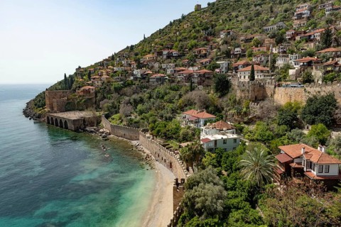 Alanya, Turkey. April 7th 2021 Beautiful view of Alanya peninsular and the old Shipyard and castle