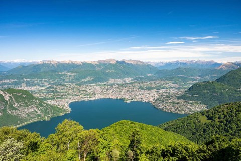 View of Lake Lugano and Lugano from Mount Sighignola, Balcone Svizzero, Tessin, Switzerland