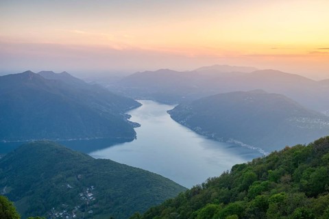 View of Lake Lugano from Mount Sighignola at sunset, Balcone Svizzero, Tessin, Switzerland
