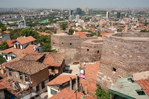 A panoramic view of old and modern houses from the ancient city walls of Ankara castle, Anatolia,