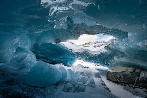 Glacier cave, ice cave, Morteratsch Glacier, Engadin, Graubünden, Switzerland