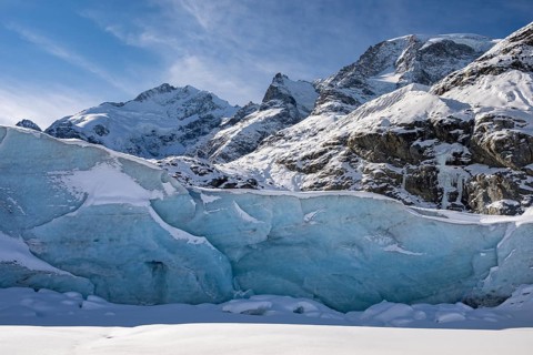 Snowy glacier, Morteratsch Glacier, Bernina Range, Engadin, Graubünden, Switzerland