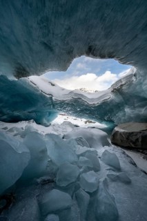 Glacier cave, ice cave, Morteratsch Glacier, Engadin, Graubünden, Switzerland