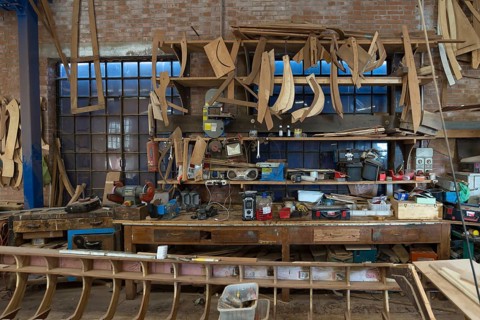 Workbench with spare parts for gondolas, boatyard, Giudecca, Veneto, Italy