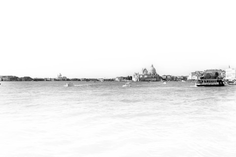 Santa Maria Salute seen from the water, black and white, Venice, Veneto, Italy