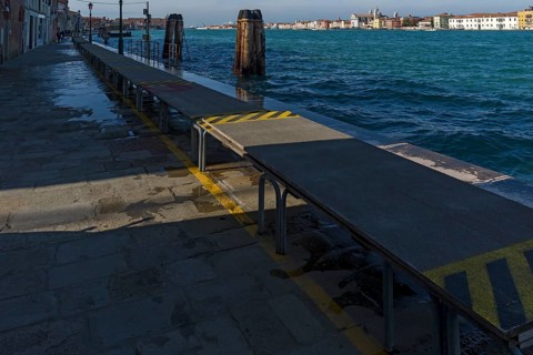 Floodbridges for the annual Aqua Alta on Guidecca Island, Venice, Veneto, Italy