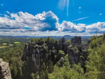 Breathtaking view of the bastion in Saxon Switzerland, rock formations under a clear blue sky