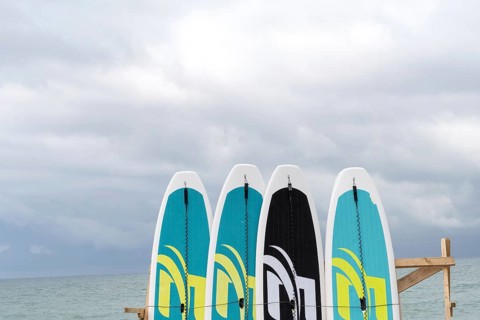 Batumi, Georgia. July 21st 2025. Surfboards waiting to be hired by tourists on the beach in Batumi