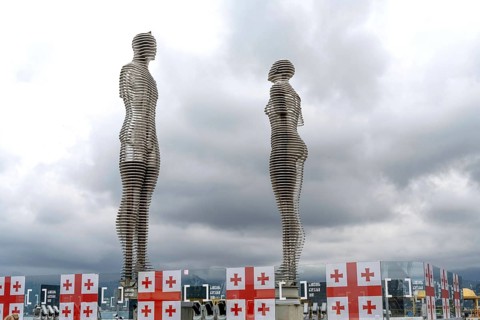 Batumi, Georgia. July 21st 2025. Landmark of Ali and Nino, a moving sculpture in Batumi Boulevard,