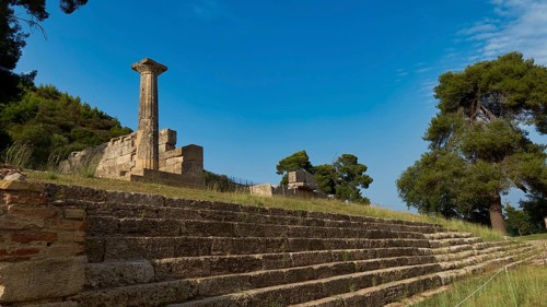 Temple of Hera, Temple of Hera, Heraion, ruins with a standing column and stairs surrounded by