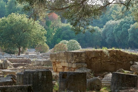 Buleuterion, Ancient stone ruins in a green, wooded area, Archaeological Site, Ancient Olympia,