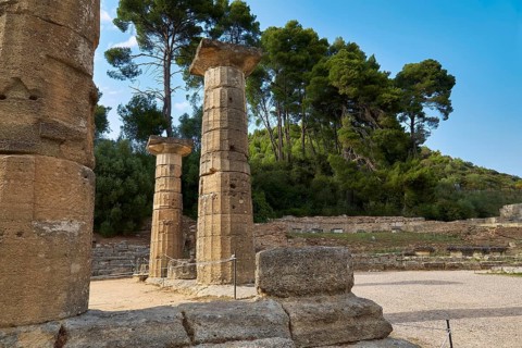 Temple of Hera, Temple of Hera, Heraion, Ancient column ruins against a wooded backdrop,