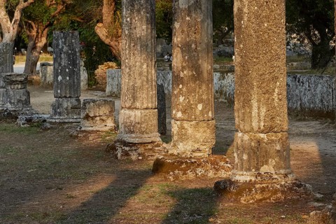 Palestra, Ancient stone columns in a landscape of ruins surrounded by trees in soft sunlight,