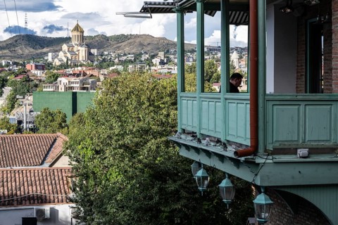 Tbilisi, Georgia. September 12th 2025 Traditional wooden balcony of a local Georgian house