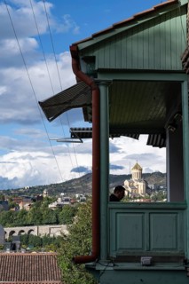 Tbilisi, Georgia. September 12th 2025 Traditional wooden balcony of a local Georgian house
