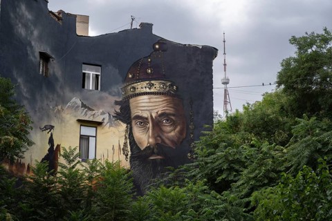 Tbilisi, Georgia. August 27th 2025. A large street art wall mural with the TV telecommunications