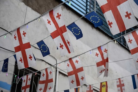 Tbilisi, Georgia. September 15th 2025. Flags of Georgia and the European Union fly side by side in