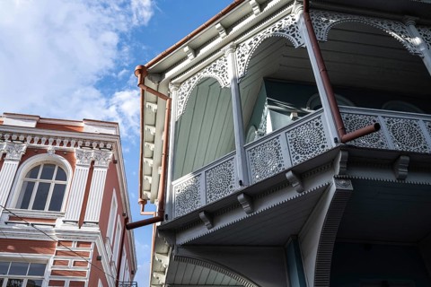 Tbilisi, Georgia. September 12th 2025. Traditional Georgian style wooden balconies of restored