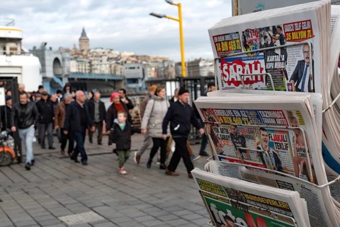 Istanbul, Turkey. January 8th 2025. Turkish daily news and sports papers displayed on a stand as