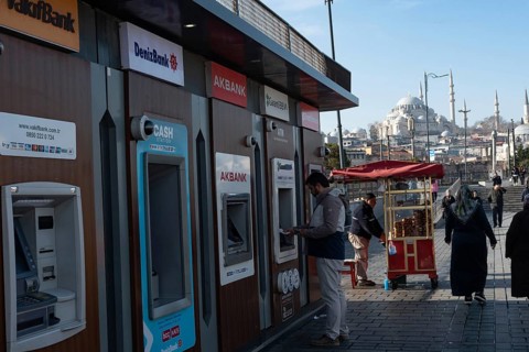 Istanbul, Turkey 10th January 2025 A row of Turkish bank ATM machines in the Eminonu district of