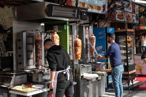Istanbul, Turkey. January 3rd 2025. Turkish Doner Kebab street stall, serving the most popular dish