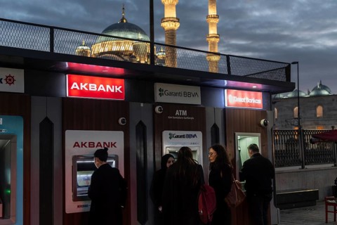 Istanbul, Turkey 8th January 2025 Customers using Turkish bank ATM's near the Bosporus on the
