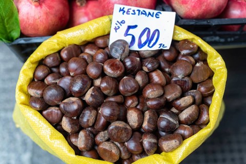 A sack of chestnuts known as Kestane in Turkish for sale in a popular shopping bazaar in Istanbul,