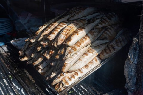 Delicious looking grilled mackerel an ready to prepare Balik Ekmek, a traditional Turkish street
