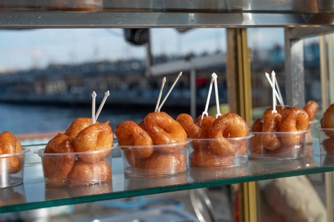 Lokma, traditional deep fried Turkish dessert, street food for sale all over Turkey but the sweet