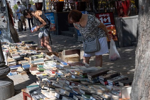 Tbilisi, Georgia. August 13th 2025. Shopping for secondhand books on the street near Freedom or