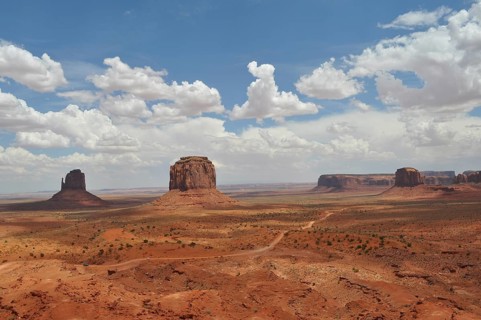 Wide landscape with distinctive rocks and dramatic sky in Monument Valley, Navajo Tribal Park,